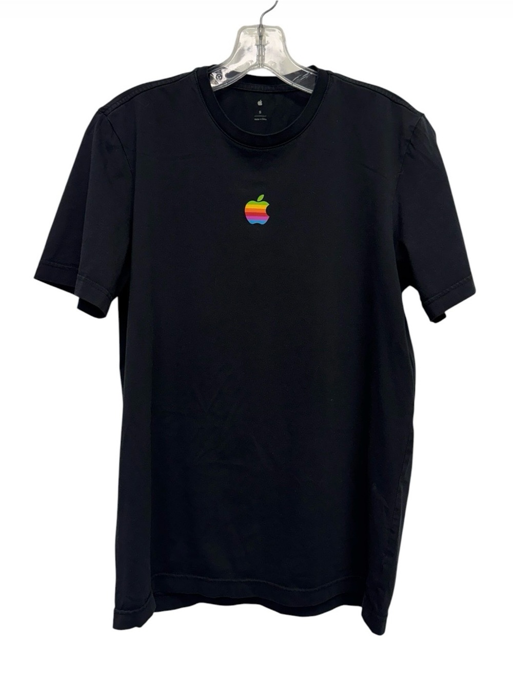 Apple Logo Retro Black Short Sleeve Tee with Small Rainbow Logo Small